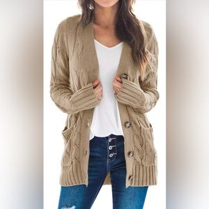 Cozy Tan Cable Knit Cardigan Sweater
